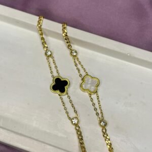 This is Clover gem bracelet. It comes in two different colors. It's anti tarnish, long lasting and waterproof